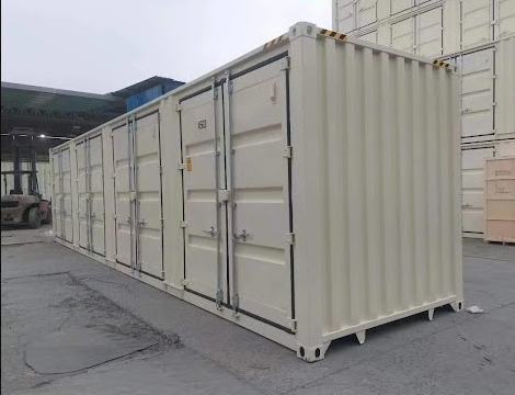 Side-opening office container with four sets of double doors at the Gator Storage yard